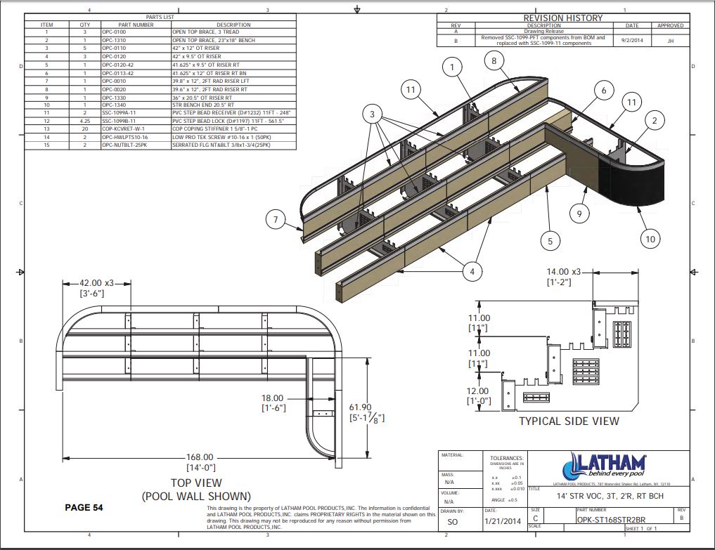 14' Straight Step Polymer 2'R 3-Tread w/ Right Bench